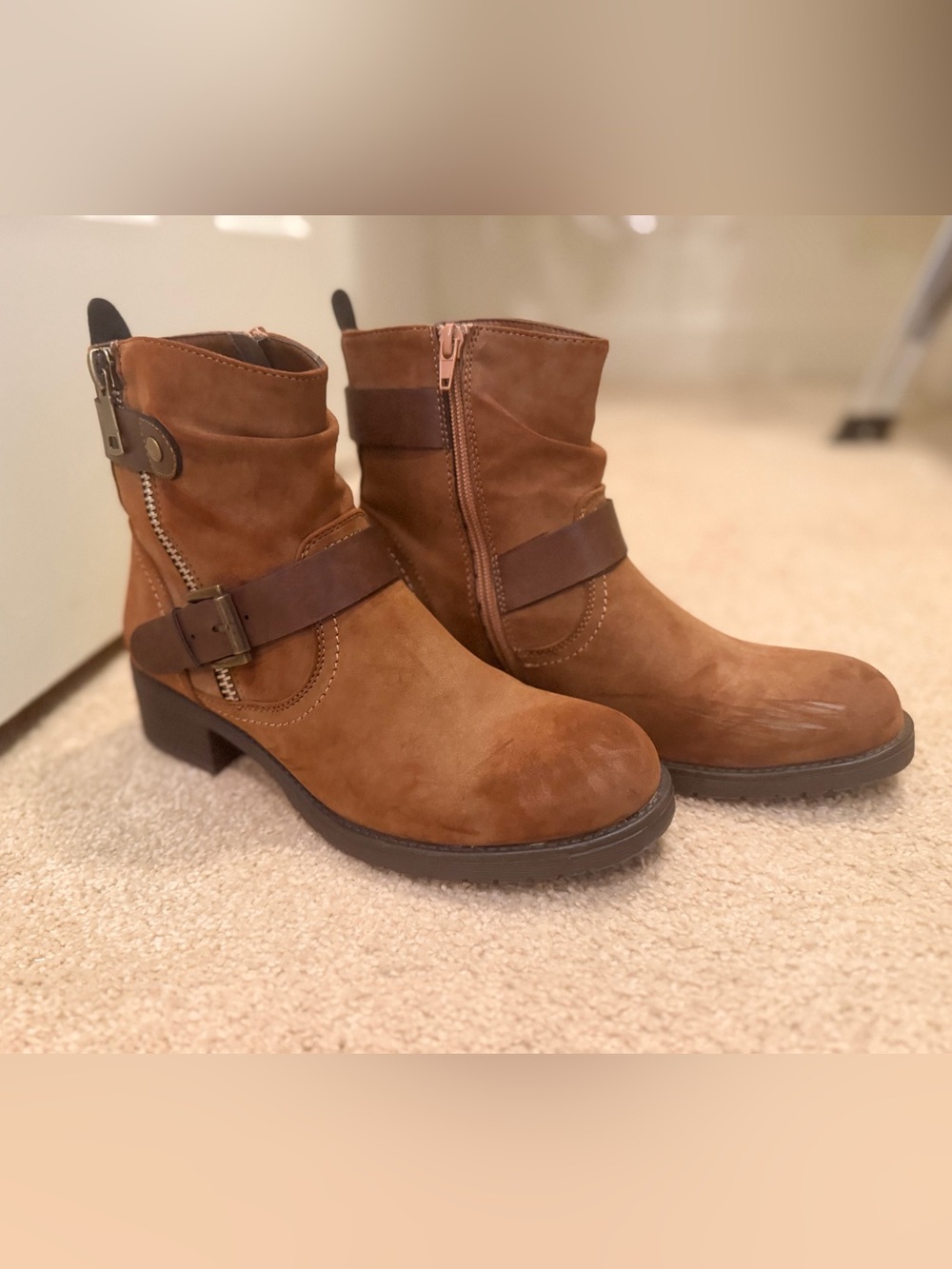 Women's Brown Suede Ankle Boots with Buckle Strap